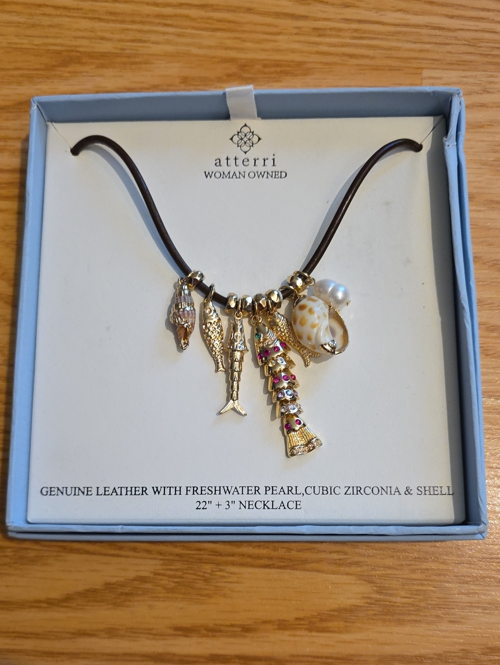 Atterri Brown Leather Charm Necklace with Gold Shell & Pearl Accents